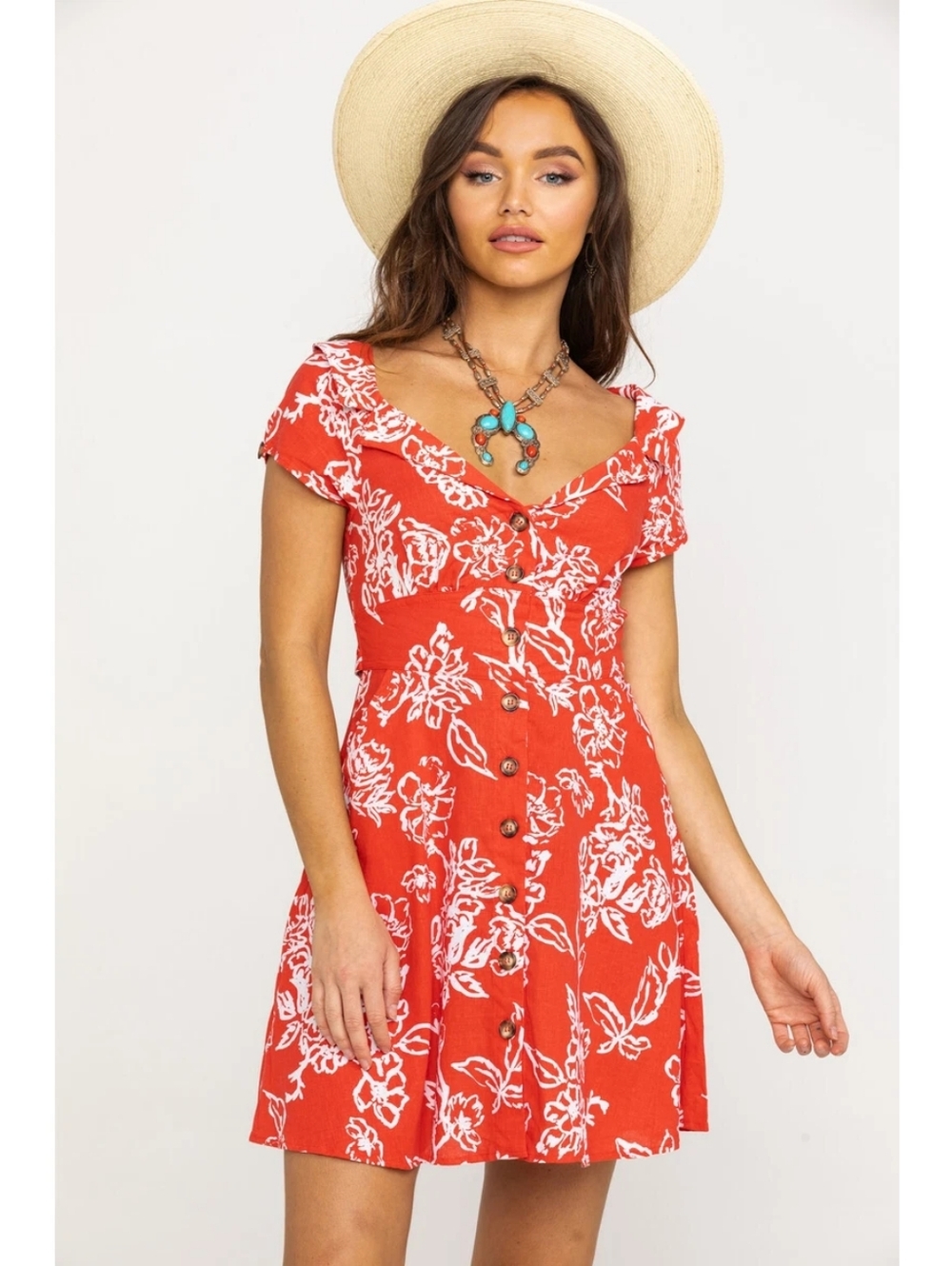 Free People A Thing Called Love Floral Linen Blend Mini Dress Red & White- 12